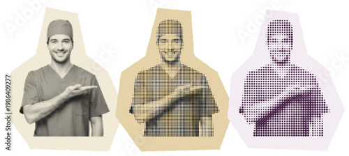 Smiling Male Nurse in Scrubs with Halftone Pop Art Effect Graphic Design