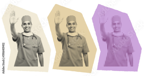 Male surgeon in scrubs waving hand halftone pop art medical professional graphic