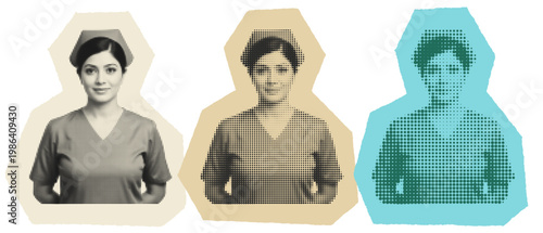 Retro Pop Art Nurse Portrait with Halftone Effect and Vintage Medical Aesthetic
