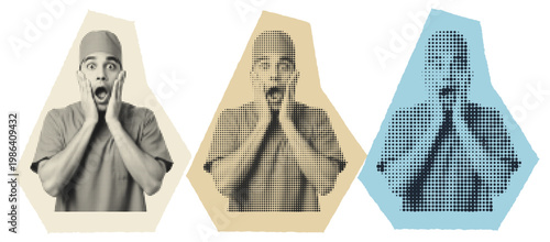 Surprised young adult male surgeon reacting to medical misinformation in a halftone pop art style