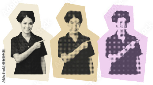 Retro Halftone Pop Art Nurse Pointing Right, Vintage Medical Healthcare Graphic