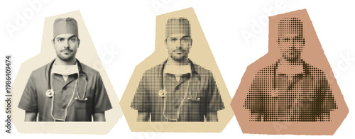 Retro Halftone Pop Art Collage of a Young Male Surgeon in Scrubs with Stethoscope