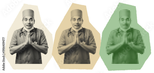 South Asian Male Surgeon in Scrubs with Namaste Prayer Hands Halftone Pop Art Style