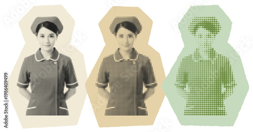 Three vintage nurse figures in halftone pop art style for retro healthcare history and medical education graphics