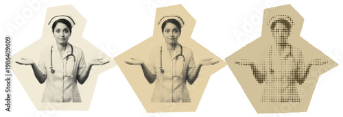 Confused Nurse Halftone Pop Art Graphic, Medical Professional Shrugging Illustration