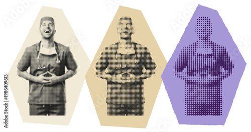 Halftone Pop Art Surgeon Laughing, Medical Professional Mental Health Awareness Concept