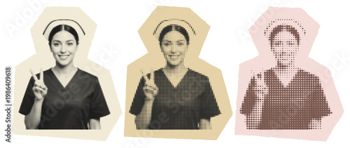 Young female nurse making peace sign in vintage halftone collage graphic design