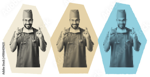 Male Surgeon with Crossed Fingers for Good Luck, Halftone Pop Art Medical Concept