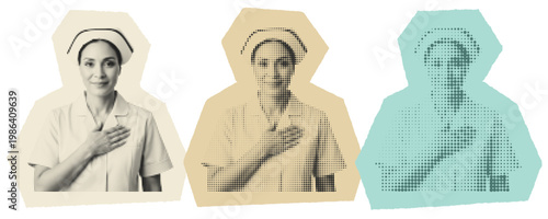 Vintage Female Nurse with Hand on Heart in Retro Halftone Pop Art Style Collage for Healthcare Appreciation