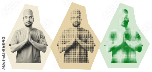 Indian Male Surgeon in Scrubs Showing Gratitude with Namaste Gesture Pop Art Style