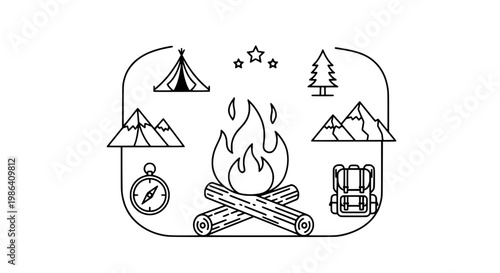 Camping scene with tent fire and mountains in a serene natural setting outdoors