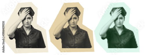 Tired young female nurse suffering from burnout and mental health fatigue in retro halftone graphic