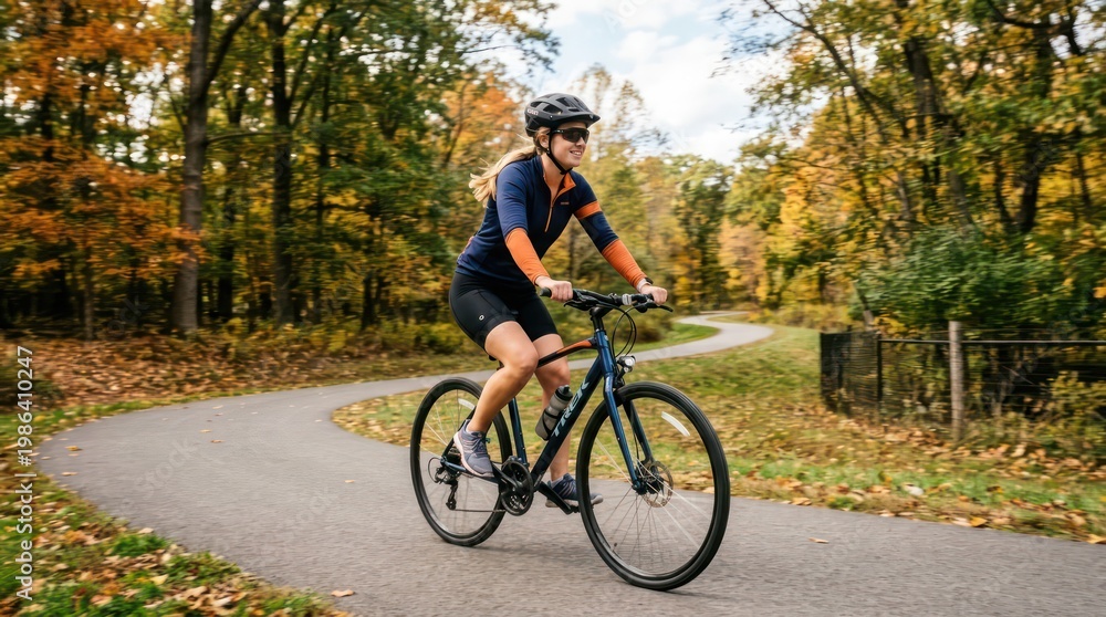 Fototapeta premium Cyclist Riding Bicycle on Winding Autumn Forest Path.