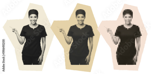 Halftone Pop Art Style Medical Professional Nurse Pointing in Scrubs