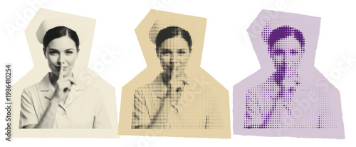 Vintage Nurse Shushing Gesture Pop Art Collage, Medical Privacy and Confidentiality Concept