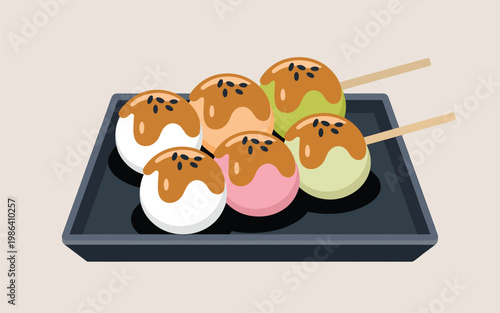 A plate of assorted colorful mochi balls with sweet sauce on a black tray.