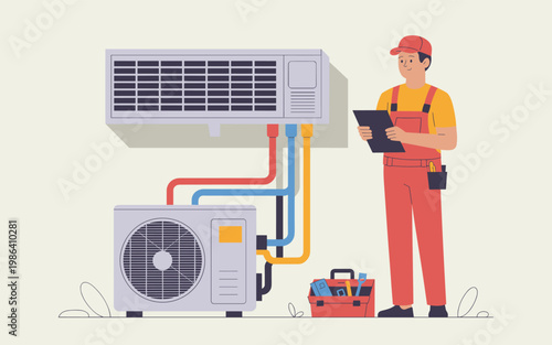 Technician installing air conditioning unit with tools and checklist