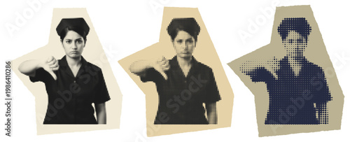 Young female nurse in uniform giving thumbs down halftone graphic for healthcare burnout