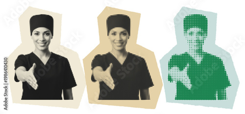 Female Surgeon Handshake Halftone Pop Art Graphic for Medical Recruitment