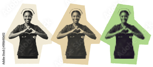 Black Female Nurse Making Heart Shape Gesture with Hands Pop Art Style