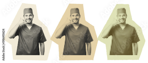 Male nurse in blue scrubs making call me hand gesture in halftone pop art style for telehealth