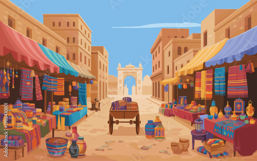 Vibrant market scene unfolds in a desert town with stalls, people, architecture, culture, and traditions on display.
