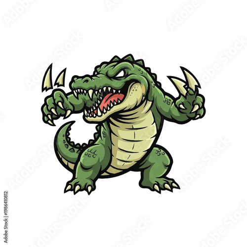 Angry Cartoon Alligator Showing Sharp Claws and Teeth.