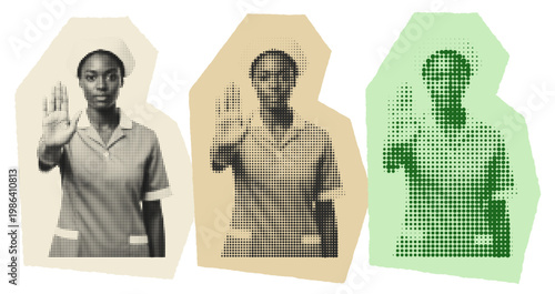 Black female nurse making stop gesture, workplace violence prevention concept, halftone pop art collage
