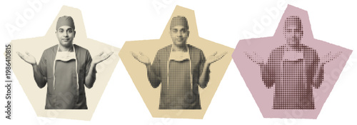Surgeon Shrugging Shoulders in Halftone Pop Art Style, Medical Uncertainty Concept