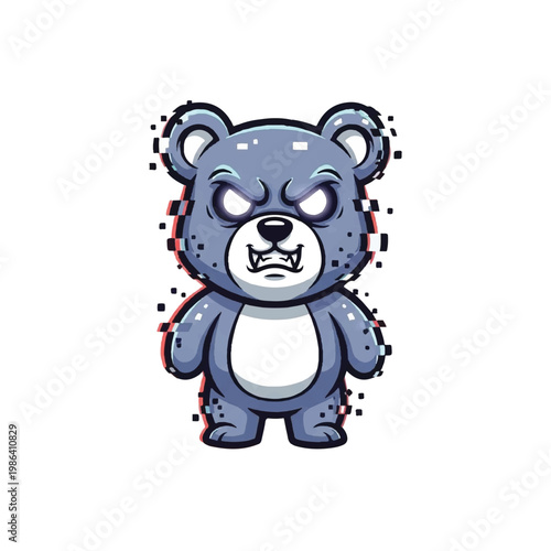 Angry Cartoon Bear Character with Glitch Effect.