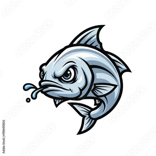 Angry cartoon fish with water splashing from mouth.