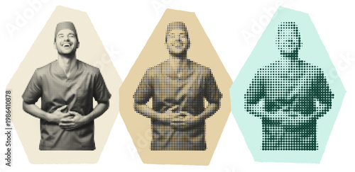 Three Halftone Medical Professional Portraits, Male Nurse Laughing in Scrubs