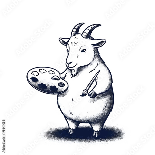 Artistic Goat Holding Paint Palette and Brush.