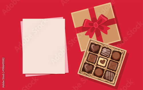Gift box with chocolates and cards on red