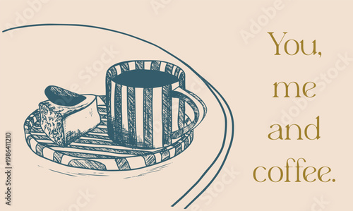  Italian café vibe. Coffee and cake illustration. Breakfast illustration poster. Vintage espresso cup with biscotti line art poster, You Me and Coffee typography kitchen wall art printable cafe