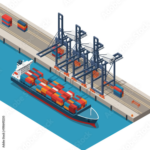 Isometric view of a cargo ship at a port terminal.