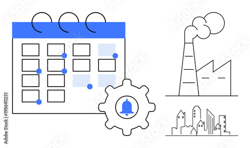 Industrial planning, automation, factory activities, productivity, scheduling, operational timelines. Calendar with gear cog and factory structures emitting smoke. Industrial planning and automation