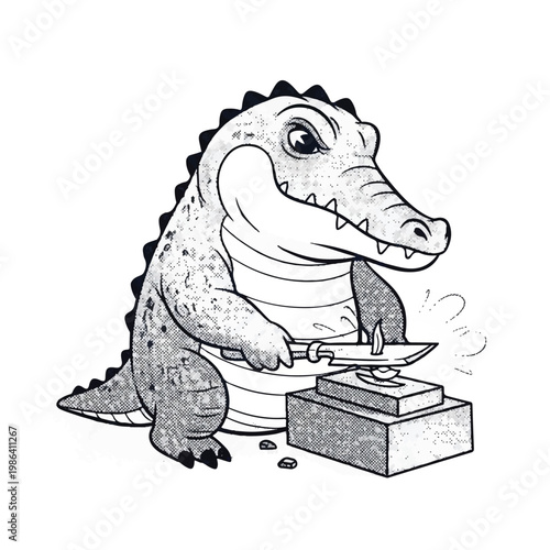 Cartoon alligator blacksmith sharpening a knife with sparks flying.