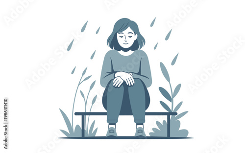 A sad woman sits alone on a bench in the rain surrounded by plants.