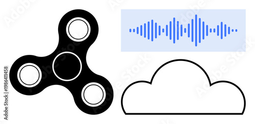 Technology concept. Technology by fidget spinner, sound waves, and cloud symbol. Technology driving innovation and connectivity. Perfect for digital tools, apps, media, education and more