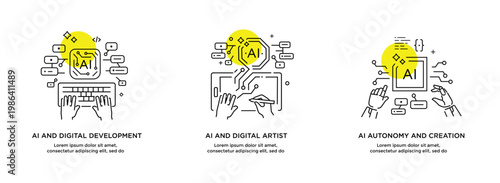 Set of illustrations concept with businessmen. technology, partnership, artificial intelligence business robot, cybes. linear illustration Icons infographics. Landing page site print poster. Line