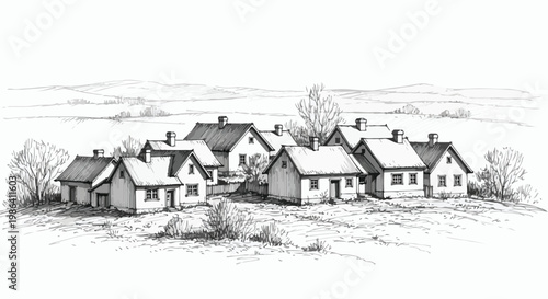 Rural village houses in countryside sketch