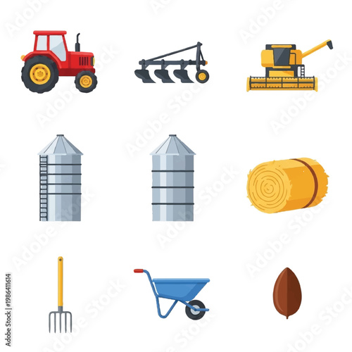 Collection of agricultural farming equipment and tools.