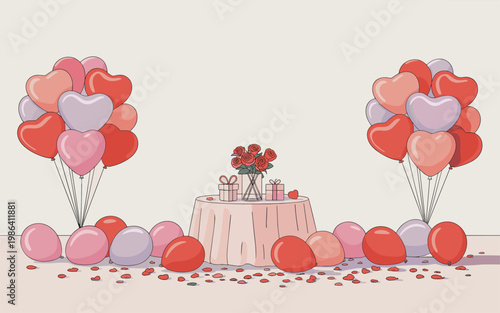 A festive Valentine's Day celebration with heart-shaped balloons and gifts on a decorated table indoors.