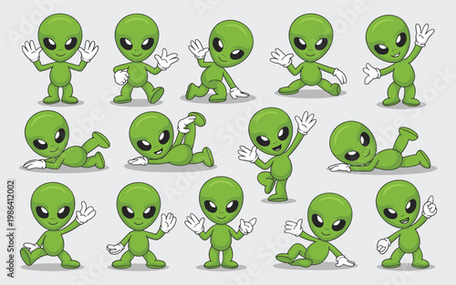 A group of green cartoon aliens are waving and running around with big eyes on their faces in various playful poses.