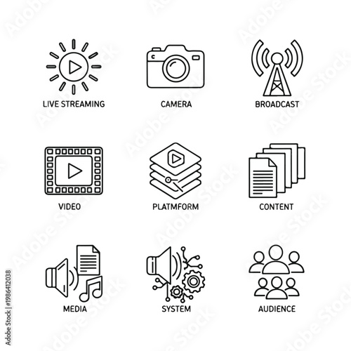 Collection of Media and Technology Icons for Digital Content.