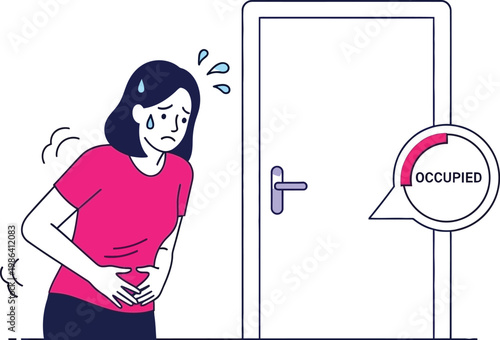 Woman experiencing discomfort standing by occupied restroom door