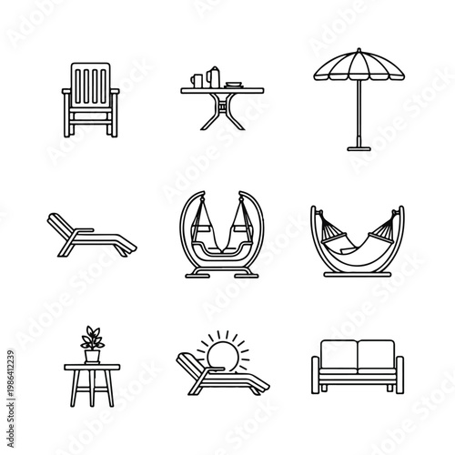 Collection of outdoor furniture and leisure items line art icons.