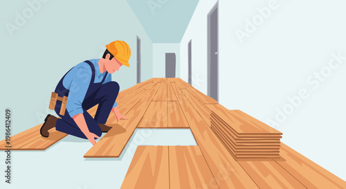 Construction worker laying wooden laminate floor in long corridor. Home improvement and renovation concept