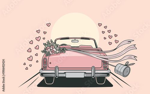A pink vintage car drives away with a bouquet on its trunk and hearts floating around it on a romantic sunny day.